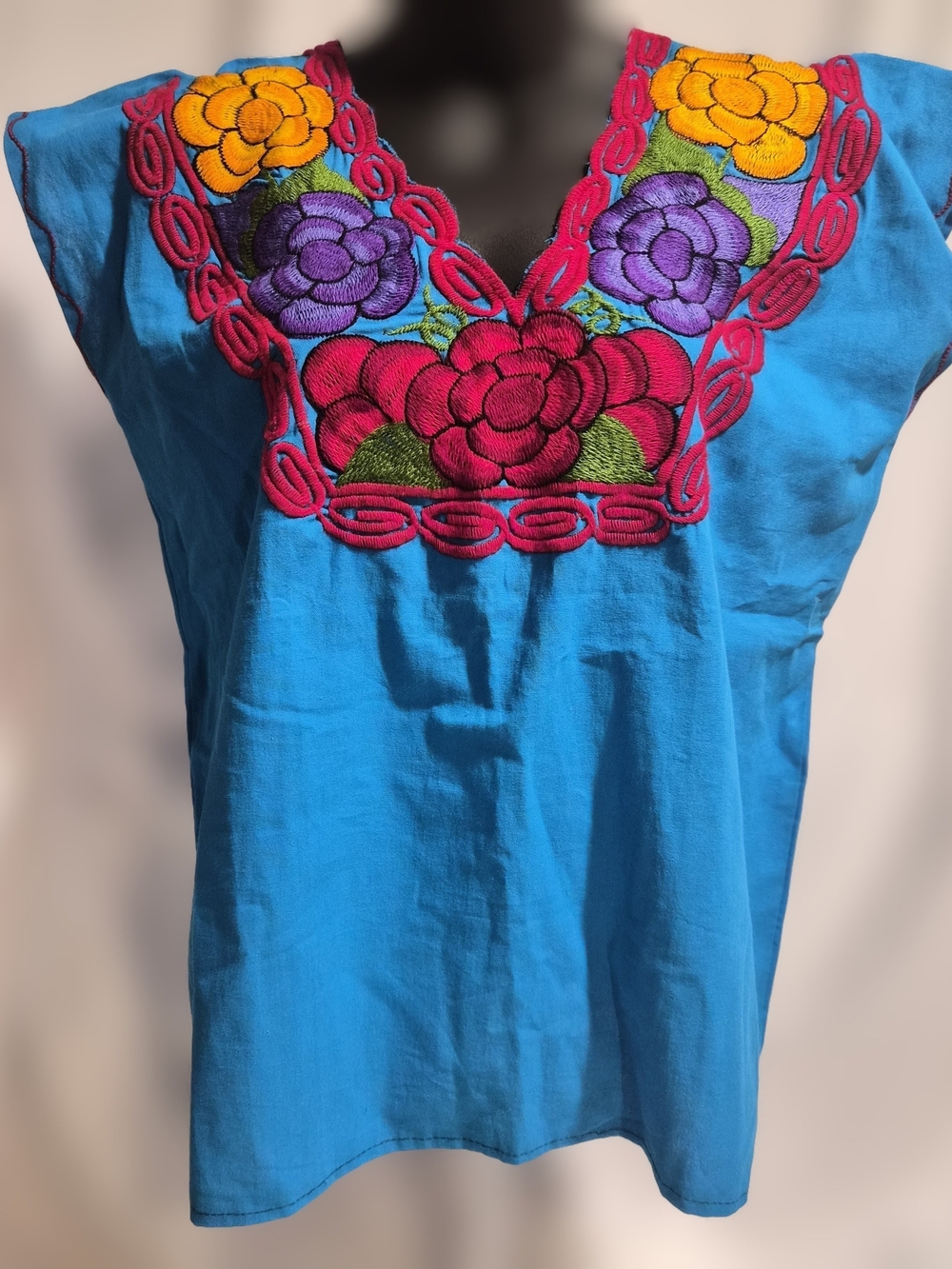 Mexican Embroidered Floral Blouse Boho Turquoise Peasant Tunic Top Large